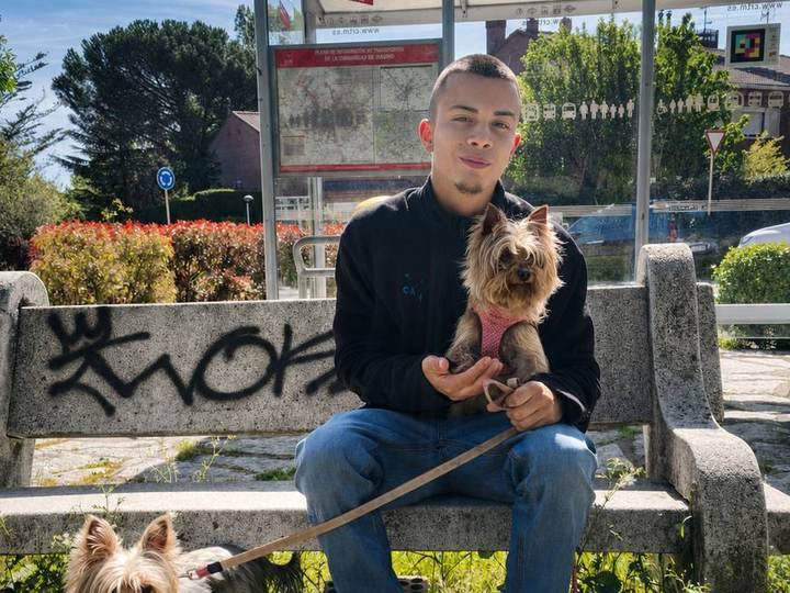 Victor Sánchez Casas mit zwei Yorkshire Terriern auf einer Bank